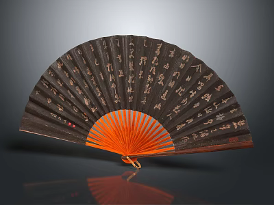 Decorative Fan Pendant With Dark Wooden Frame Orange Surface Calligraphy Characters And Red Accent 3d model