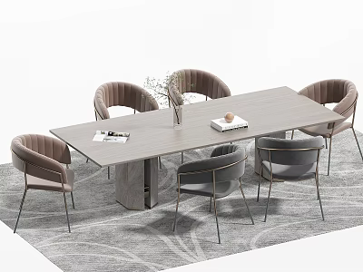 Modern Dining Table Set With Six Upholstered Chairs And Decorative Items 3d model