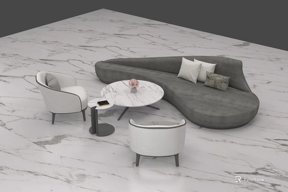Modern Gray Sofa and Coffee Table Set with Round Marble Top and White Accent Chairs 3d model 
