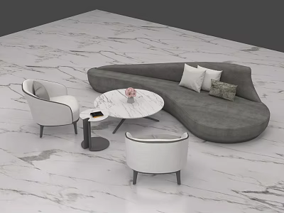 Modern Gray Sofa and Coffee Table Set with Round Marble Top and White Accent Chairs 3d model