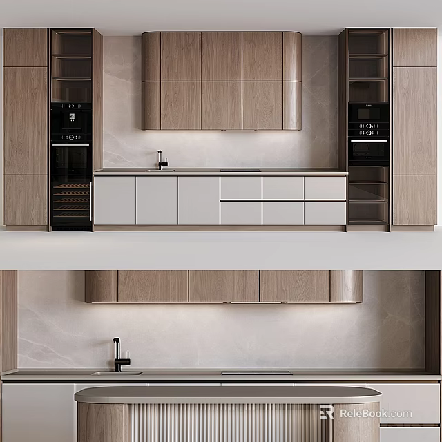 Modern Sleek Kitchen Interior With Light Wood And White Cabinets Sink And Countertop 3d model 