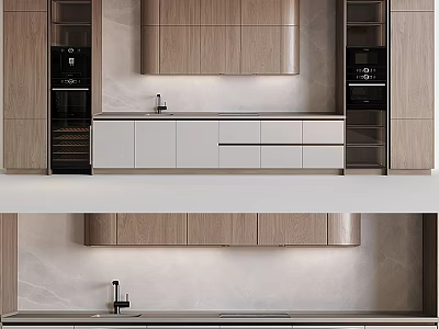 Modern Sleek Kitchen Interior With Light Wood And White Cabinets Sink And Countertop 3d model