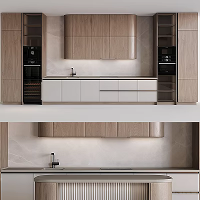 Modern Sleek Kitchen Interior With Light Wood And White Cabinets Sink And Countertop 3d model