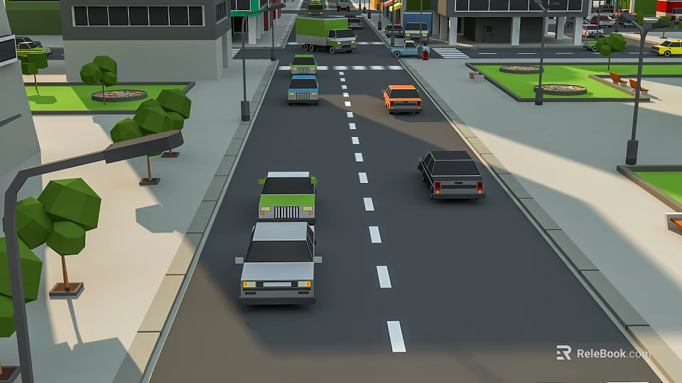 Cartoon City Street Scene With Various Vehicles Buildings Trees And Street Elements 3d model 