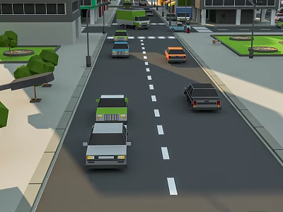 Cartoon City Street Scene With Various Vehicles Buildings Trees And Street Elements 3d model