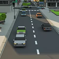 Cartoon City Street Scene With Various Vehicles Buildings Trees And Street Elements