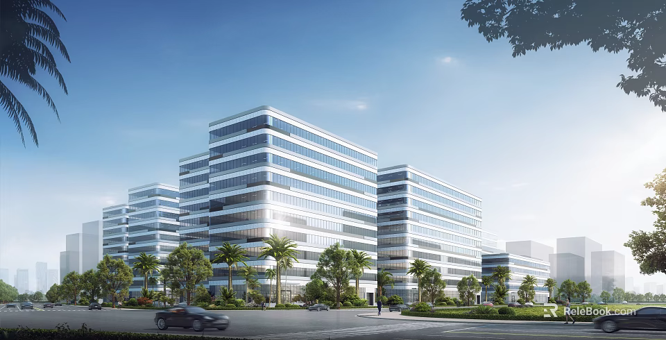 Modern Office Buildings Exterior With Glass Curtain Walls And Greenery 3d model 