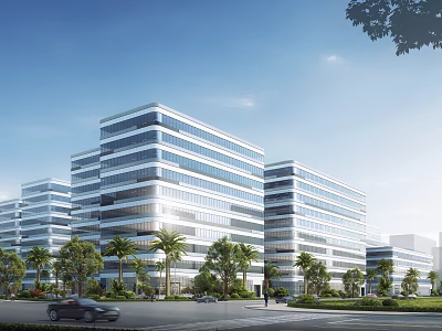 Modern Office Buildings Exterior With Glass Curtain Walls And Greenery 3d model