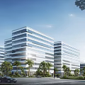 Modern Office Buildings Exterior With Glass Curtain Walls And Greenery