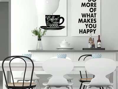 Modern Dining Table Set With White Black Chairs Vase Plates And Art Quotes 3d model