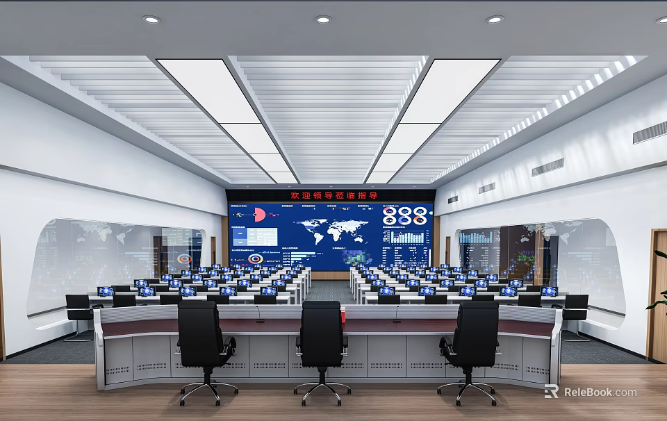 Modern Monitoring Room Featuring Large Screen World Map Data Multiple Workstations Computers And Chairs 3d model 