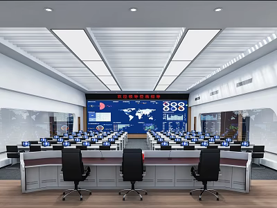 Modern Monitoring Room Featuring Large Screen World Map Data Multiple Workstations Computers And Chairs 3d model