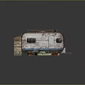 Vintage Camper Van With Worn White Exterior Roof Railing And Blue Stripe