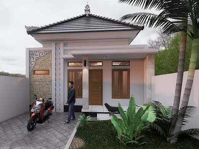 Detached Villa With Traditional Decor Black Roof Green Plants Motorcycle And Stone Pavement 3d model