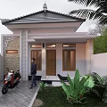Detached Villa With Traditional Decor Black Roof Green Plants Motorcycle And Stone Pavement