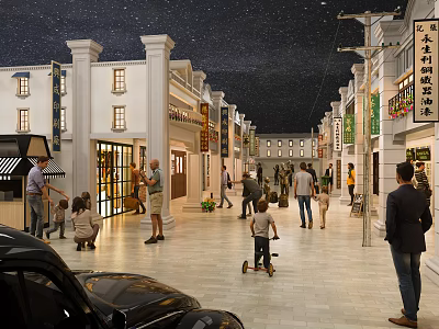 Lively Commercial Street With Vintage Buildings Shops Starry Sky Ceiling Vintage Car And Pedestrians 3d model