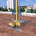 Large Yellow Industrial Drilling Rig on Construction Site With Tall Buildings and Blue Sky