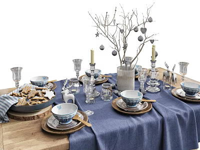 Elegant Dinnerware Set on Wooden Table with Blue Tablecloth Branch Decoration Candles and Cookies 3d model