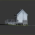 Wooden House With Blue Roof White Walls Wooden Deck Near Small Shed On Grass