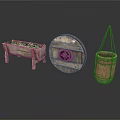 Rustic Vintage Decorative Items Including Wooden Wheel Wicker Basket And Legged Frame