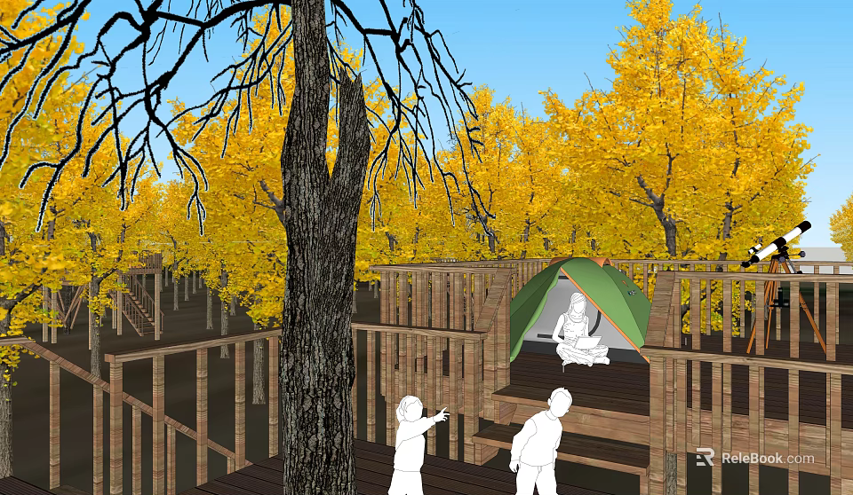 Scenic Wooden Road Facility Platform With Green Tent Statue Two Figures And Yellow Trees 3d model 