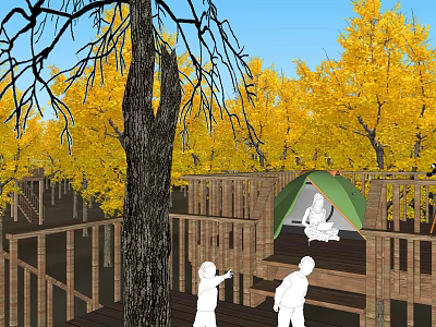 Scenic Wooden Road Facility Platform With Green Tent Statue Two Figures And Yellow Trees 3d model