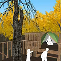 Scenic Wooden Road Facility Platform With Green Tent Statue Two Figures And Yellow Trees