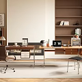 Modern Home Office Desk Interior With Bookshelf Chair Lamp And Office Supplies