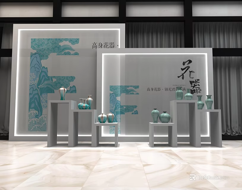 Elegant Display Shelves Showcasing Celadon Vases With Traditional Landscape Art 3d model 