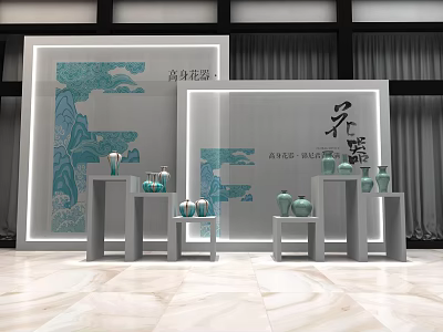 Elegant Display Shelves Showcasing Celadon Vases With Traditional Landscape Art 3d model