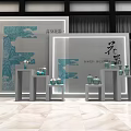 Elegant Display Shelves Showcasing Celadon Vases With Traditional Landscape Art