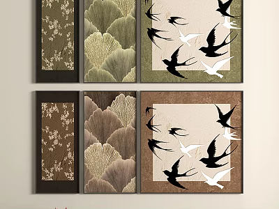 Six Panel Decorative Wall Art With Bird Motifs And Floral Patterns In Green Brown Tones 3d model