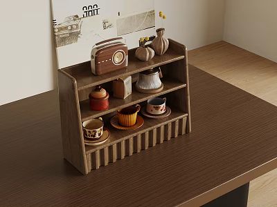 Wooden Multi tiered Shelf With Vintage Radio Vases Cups And Cupcake On Table 3d model
