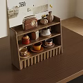 Wooden Multi tiered Shelf With Vintage Radio Vases Cups And Cupcake On Table
