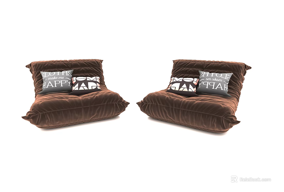 Two Cozy Brown Velvet Bean Bag Chairs With Decorative Print Pillows 3d model 