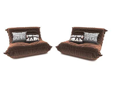 Two Cozy Brown Velvet Bean Bag Chairs With Decorative Print Pillows 3d model