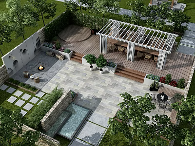 Garden Landscape Design Featuring Wooden Deck Pergola Stone Pavement Water Feature And Green Plants 3d model