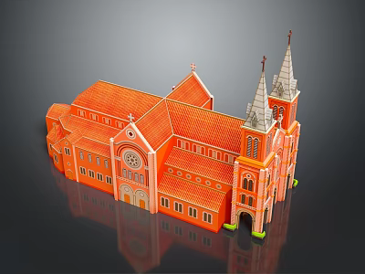 European Style Architecture With Red Roof Tall Spires Arched Windows And Clock Tower 3d model