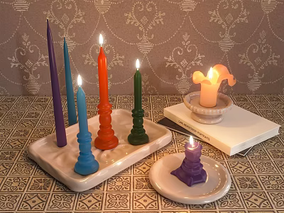 Colorful Candle Lamps with Various Colored Candles on Tray and Book Against Patterned Wallpaper 3d model