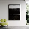 Interior With Large Black And White Abstract Painting Green Chair And Trees Outside