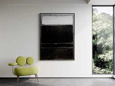 Interior With Large Black And White Abstract Painting Green Chair And Trees Outside 3d model