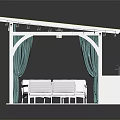 Outdoor Canopy Structure With Yellow Roof White Frame Green Curtains And White Sofas Coffee Table