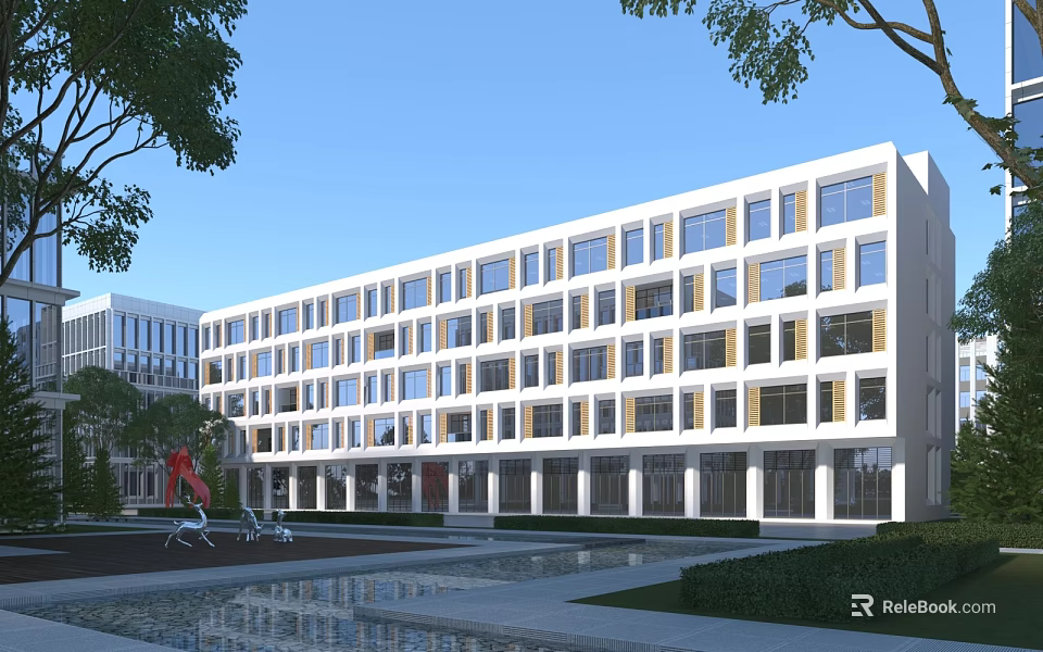 Modern School Building With Contemporary Design Large Windows Front Courtyard Greenery And Sculptures 3d model 