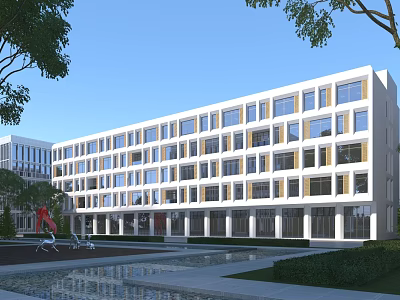 Modern School Building With Contemporary Design Large Windows Front Courtyard Greenery And Sculptures 3d model