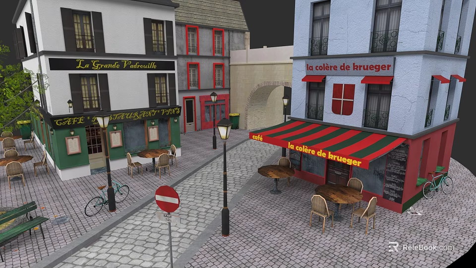 Colorful Urban Buildings With Cafe Outdoor Seating Vintage Street Lamp And Bicycle 3d model 