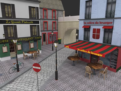 Colorful Urban Buildings With Cafe Outdoor Seating Vintage Street Lamp And Bicycle 3d model