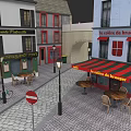 Colorful Urban Buildings With Cafe Outdoor Seating Vintage Street Lamp And Bicycle