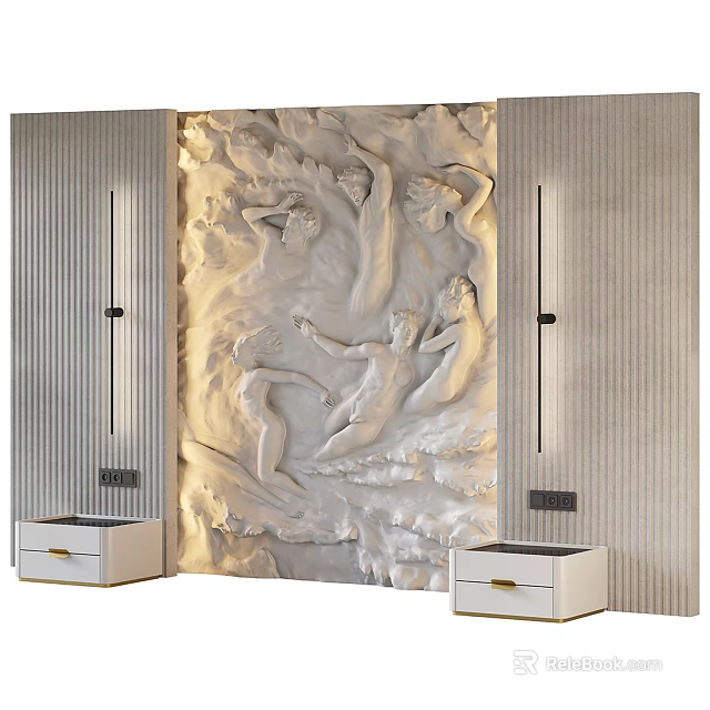 Elegant Relief Sculpture Wall With Striped Side Panels Below White Drawer Cabinets and Wall Lamps 3d model 