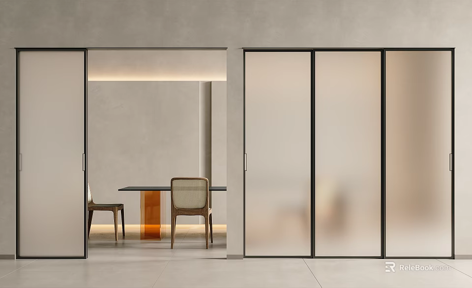 Modern Sliding Doors With Frosted Glass And Black Frames In Contemporary Interior Dining Area 3d model 