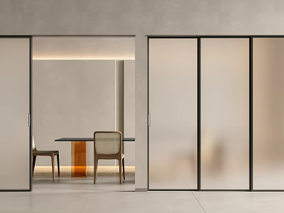 Modern Sliding Doors With Frosted Glass And Black Frames In Contemporary Interior Dining Area 3d model